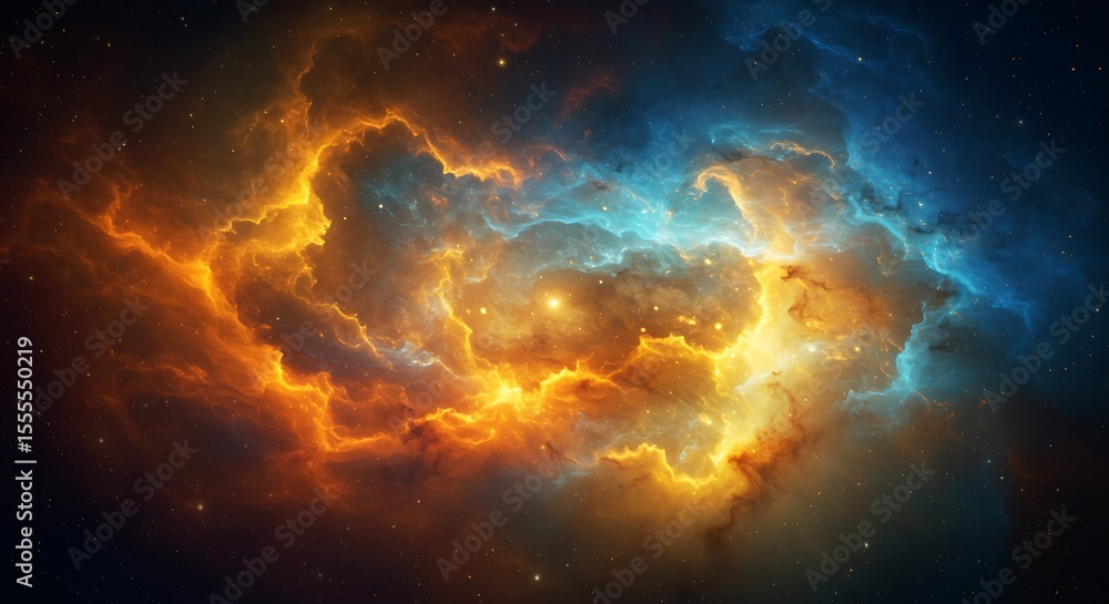 Fototapeta premium This stunning image captures a celestial phenomenon, with vivid orange and cool blue nebulosity colliding in deep space, representing immense cosmic power and beauty