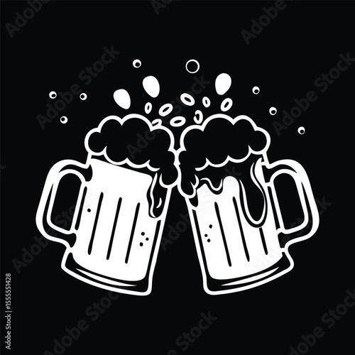 Two black-and-white beer mugs with frothy heads, clinking together and surrounded by bubbles, on a  black background.