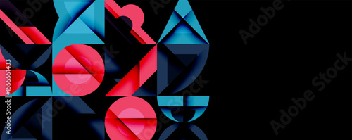Abstract geometric composition. Shapes overlap, creating dynamic visual interest. Red, blue hues dominate dark background. Modern design.