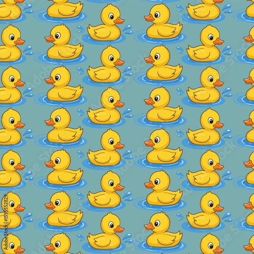 A repeating pattern of cute yellow rubber duckies floating in blue water.