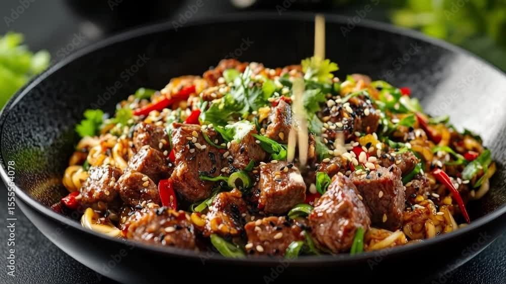 Asian cuisine with meat on a dark background in a restaurant Asian cuisine with meat on a dark background in a restaurant