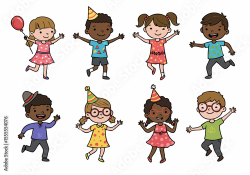 Happy diverse cartoon children running, jumping, and celebrating with party hats and a balloon on a white background.
