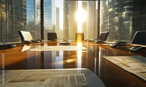 Modern glass office with sunlight beaming through windows over conference table creating a clean and professional business environment.