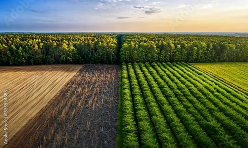 Top view of agricultural fields with alternating crop patterns captured during golden hour in rural farmland.