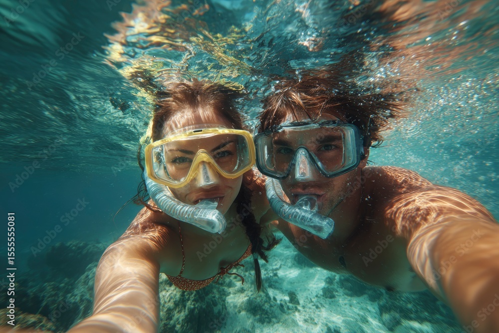 Fototapeta premium A couple snorkels underwater with clear masks and tubes capturing a closeup selfie amid sunlightdappled water