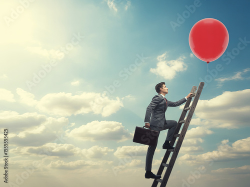 Businessman climbing ladder toward sky target balloon
