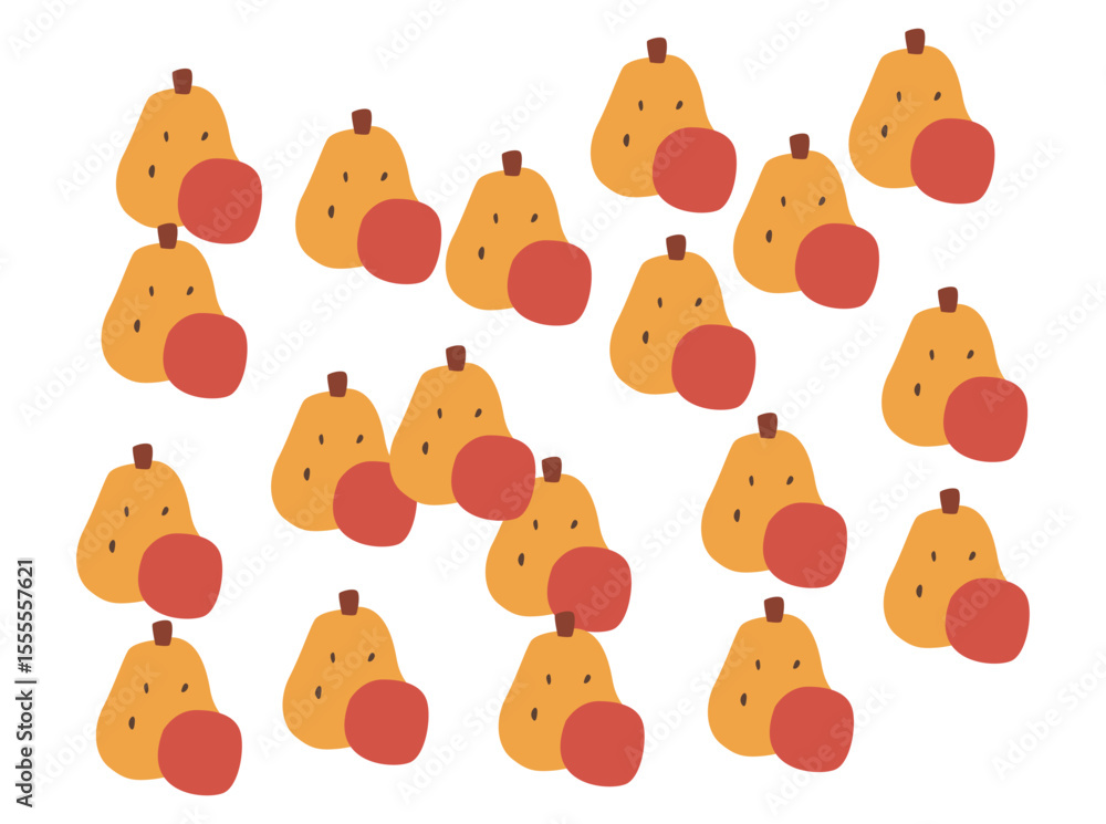 Obraz premium Seamless pattern featuring cute flat-style illustrations of tropical fruits like guava, strawberry, pear, and dragon fruit. Colorful and playful design in both light and dark backgrounds, 66666