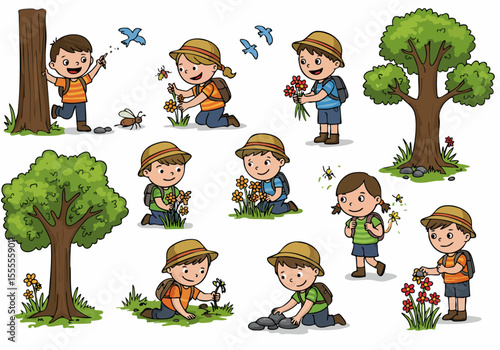 Cute cartoon children explore nature: discovering plants, insects, birds, and rocks on an outdoor adventure or field trip.