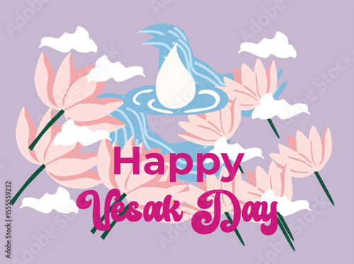 Flat vector illustration celebrating Vesak Day with blooming lotus flowers and peaceful water elements. The artwork features the message 'Happy Vesak Day' in decorative typography, 232323