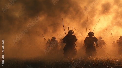 Silhouetted samurai army advances through fiery, smoky battlefield; dramatic sunset; swords drawn; intense, war-like atmosphere