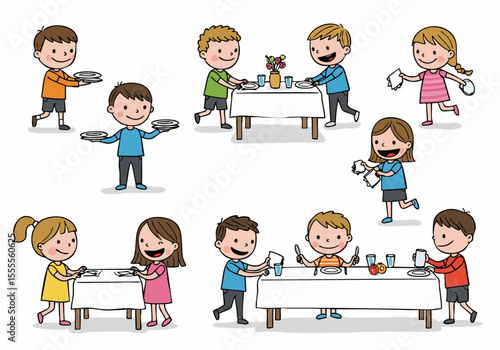 Happy cartoon children setting the table and preparing for a meal, depicting mealtime chores and family activities.