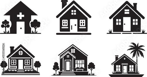 Stylized home icon set in black and white for modern property and housing themes