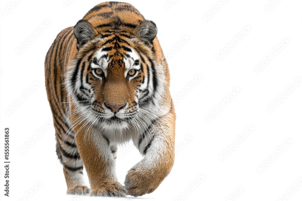 Obraz premium A tiger with orange and black stripes is walking directly towards the viewer on a white background