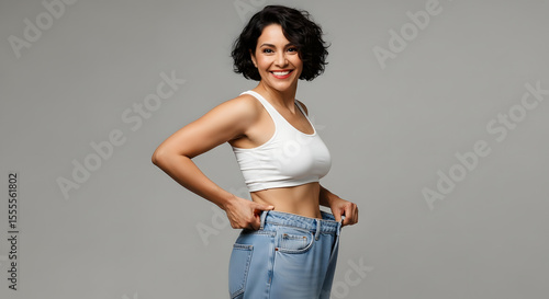 Happy Young Woman Wearing White Crop Top and Blue Jeans Holding Waist Measurement in Studio