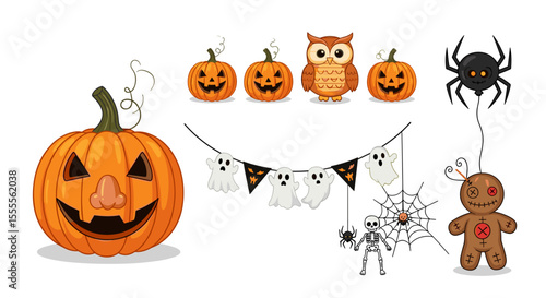 Halloween themed illustration featuring pumpkins owl spider ghosts skeleton and voodoo doll decoration