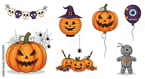 A halloween themed illustration with pumpkins skulls spiders and a spooky voodoo doll arrangement art