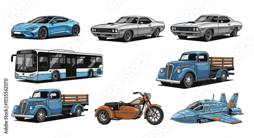 Collection of various vehicles including cars, buses, trucks, a motorcycle and a futuristic airplane