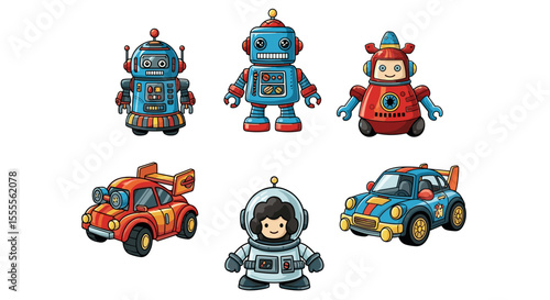Illustration showing a collection of retro robots, cars and an astronaut on a white background space scene