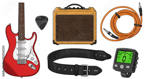 Arrangement of a red electric guitar, amplifier, cable, pick, strap, and tuner on a white background