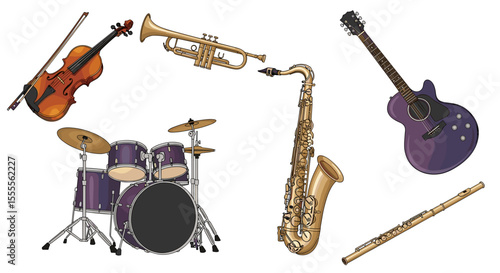 Illustration showcasing a variety of musical instruments including stringed brass and percussion types displayed