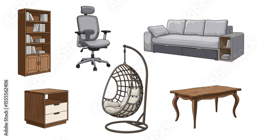 Illustration showcasing a bookcase office chair sofa hanging chair nightstand and a small wooden table