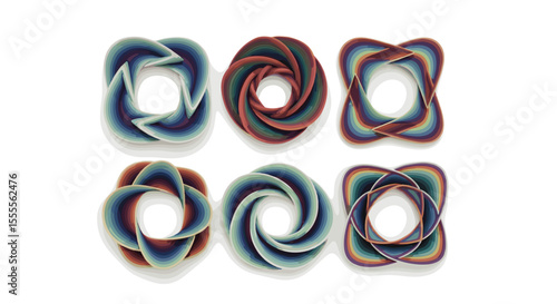 Six abstract shapes with layered colorful edges arranged on a white background creating an artful display
