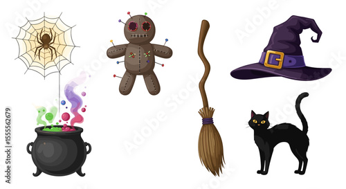 Illustration of halloween themed items including a spiderweb voodoo doll and a witchs hat and broom