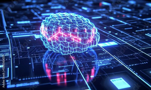 Digital brain made of neon circuits representing futuristic artificial intelligence and neural network technology.