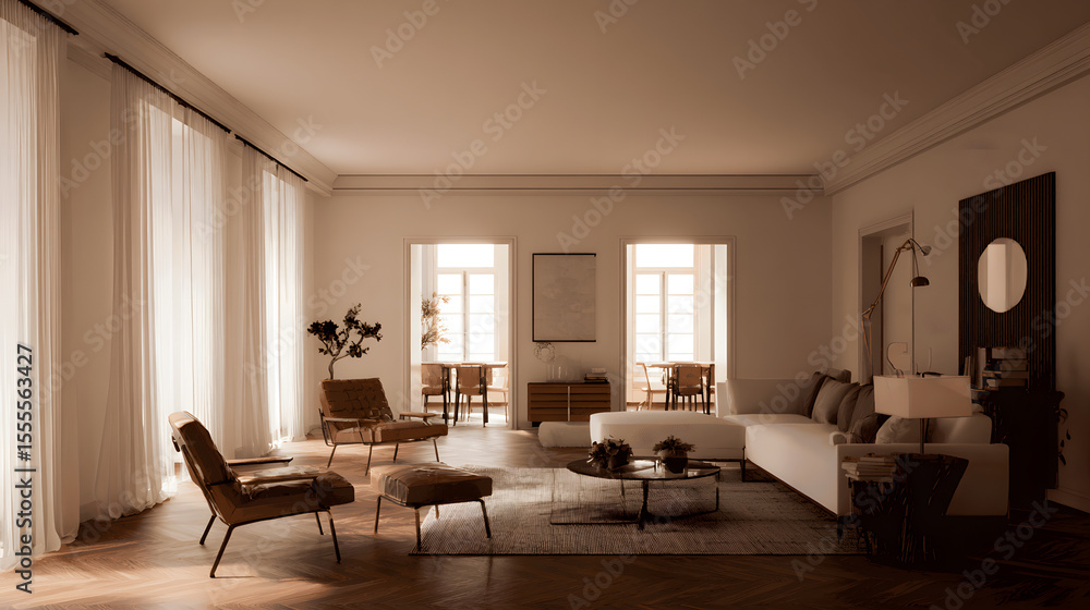 Modern living room with clean, minimal design and natural light, embodying simplicity and elegance. Modern living room with clean, minimal design and natural light, embodying simplicity and elegance.