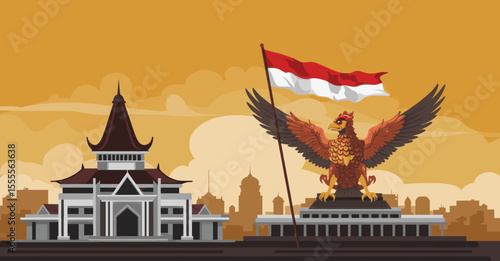 showcases a monumental Indonesian temple, with the flag flying high in front of it and the Indonesian eagle soaring above. The temple, set against a vibrant sunset, represents the rich cultural herita
