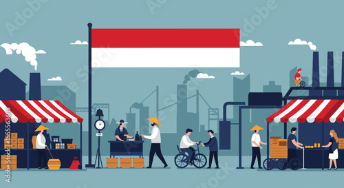 represents an industrial scene with workers and factories, with the Indonesian flag prominently displayed. The people are seen working together in harmony amidst a city skyline, signifying the industr