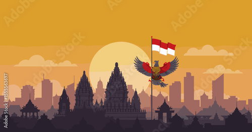 showcases a monumental Indonesian temple, with the flag flying high in front of it and the Indonesian eagle soaring above. The temple, set against a vibrant sunset, represents the rich cultural herita