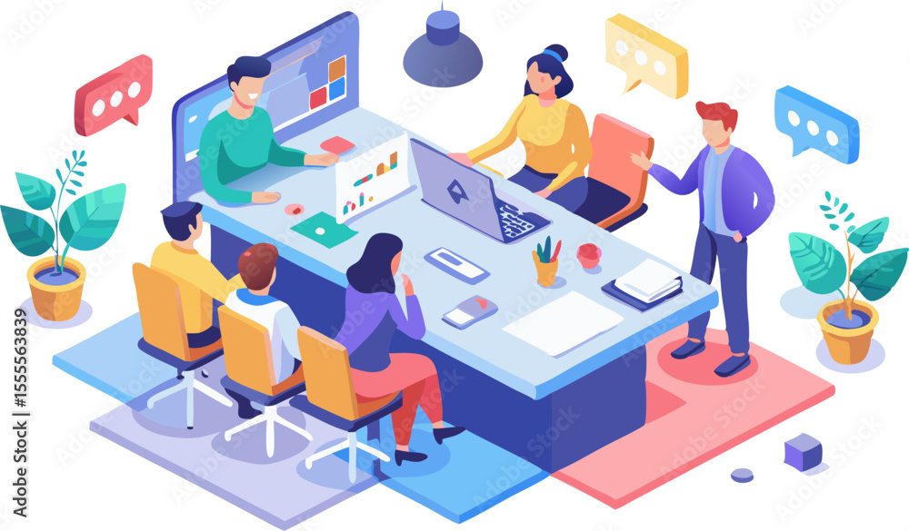 Flat design graphic of an office brainstorming session: a team gathered around a table covered in sticky notes and a laptop projecting an infographic (isometric, 16:9) with white background.. Flat design graphic of an office brainstorming session: a team gathered around a table covered in sticky notes and a laptop projecting an infographic (isometric, 16:9) with white background..