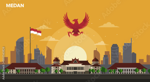 This illustration depicts an eagle soaring above the city skyline, holding the Indonesian flag in front of a beautiful sunset.