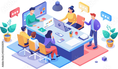 Flat design graphic of an office brainstorming session: a team gathered around a table covered in sticky notes and a laptop projecting an infographic (isometric, 16:9) with white background..