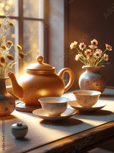 Wallpaper Mural Serene Tea Time Still Life with Golden Light and Delicate Flowers Torontodigital.ca