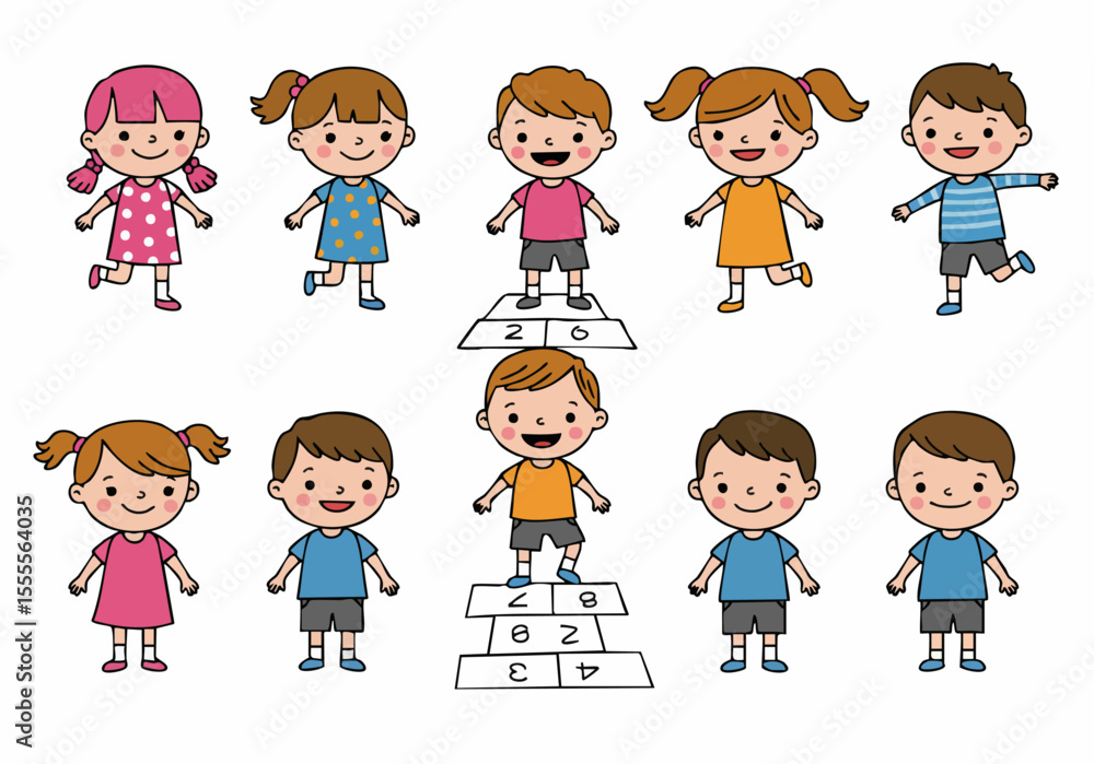 Collection of Happy Cartoon Children Playing Hopscotch Outdoors, a Fun and Energetic Childhood Activity Vector Illustration Set Collection of Happy Cartoon Children Playing Hopscotch Outdoors, a Fun and Energetic Childhood Activity Vector Illustration Set