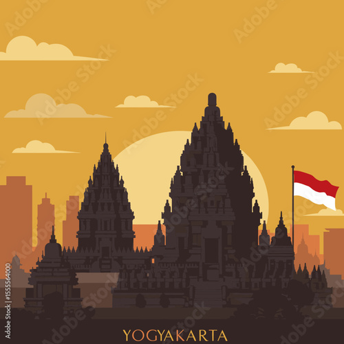 showcases a monumental Indonesian temple, with the flag flying high in front of it and the Indonesian eagle soaring above. The temple, set against a vibrant sunset, represents the rich cultural herita