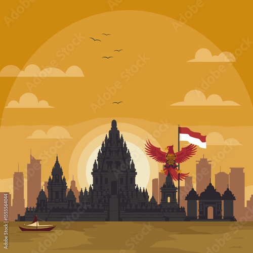showcases a monumental Indonesian temple, with the flag flying high in front of it and the Indonesian eagle soaring above. The temple, set against a vibrant sunset, represents the rich cultural herita