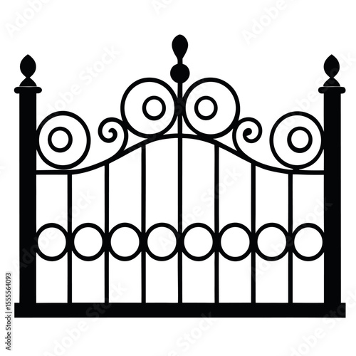 Decorative cast iron wrought fence silhouette with artistic forging isolated on white background. Metal guardrail. Steel modular railing..eps