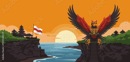 This illustration depicts an eagle soaring above the city skyline, holding the Indonesian flag in front of a beautiful sunset.