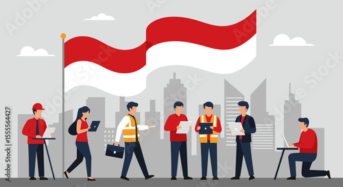 represents an industrial scene with workers and factories, with the Indonesian flag prominently displayed. The people are seen working together in harmony amidst a city skyline, signifying the industr