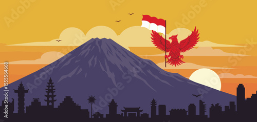 The image features the eagle soaring above the city, symbolizing the nation's strength and resilience, with the beautiful volcanic landscape completing the scene.