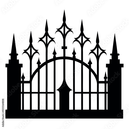 Gothic style wrought iron fence with pointed arches, intricate detailing, sharp spires, vintage silhouette, dramatic black cast iron, isolated on white.
