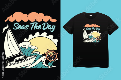 Grey tshirt design medieval ship sailing ocean waves