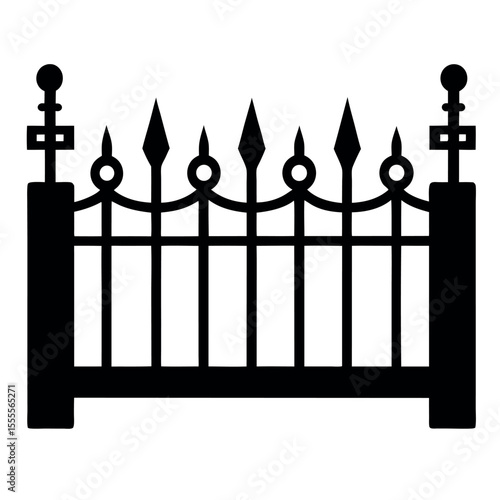 Modern minimalist cast iron fence, geometric pattern, modular steel railing, isolated on white background, clean design, black silhouette (1).
