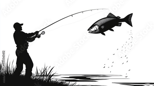 Silhouette of a Fisherman Catching a Fish