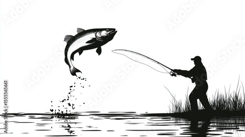 Silhouette of a Fisherman Catching a Fish