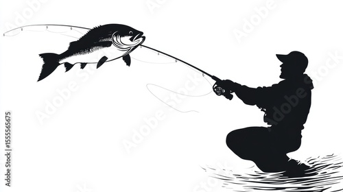 Silhouette of a Fisherman Landing a Fish