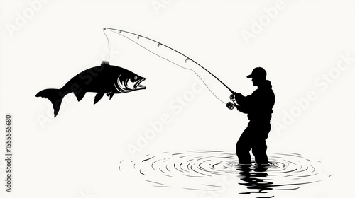 Silhouette of a Fisherman Catching a Large Fish